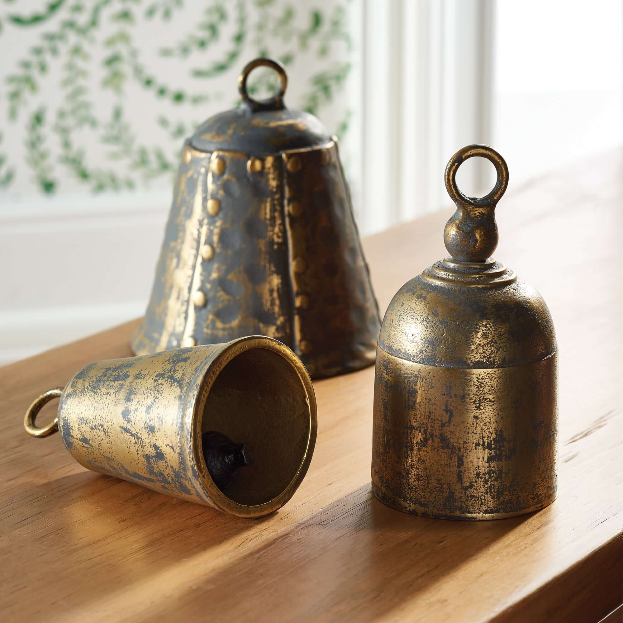 Weathered Metal Bells with Antique Brass Finish - Set of 3