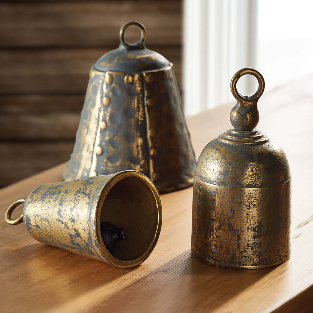 Weathered Metal Bells with Antique Brass Finish - Set of 3